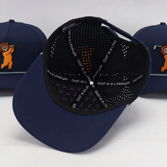 Navy blue Lion Rope Hat with black mesh back and Golf is a Lifestyle text on a white background