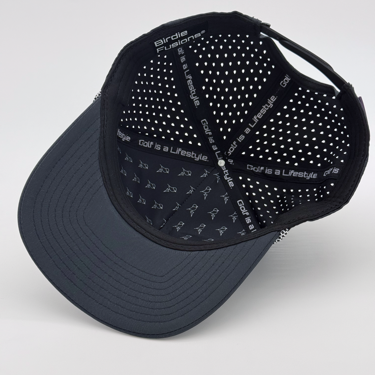Black Rope Hat with astronaut golfer embroidered patch, inner detail