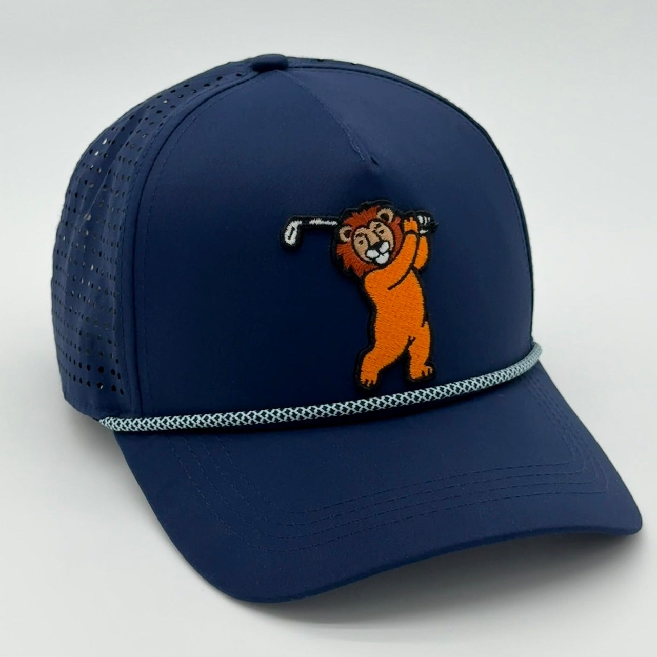 Navy blue Lion Rope Hat with lion golfing design on a light gray background