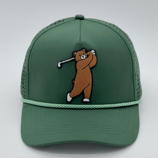 Brown Bear Rope Golf Hat - front view, 3D puff embroidery on structured cap