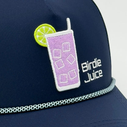 Birdie Juice Rope Hat front embroidery detail on white background