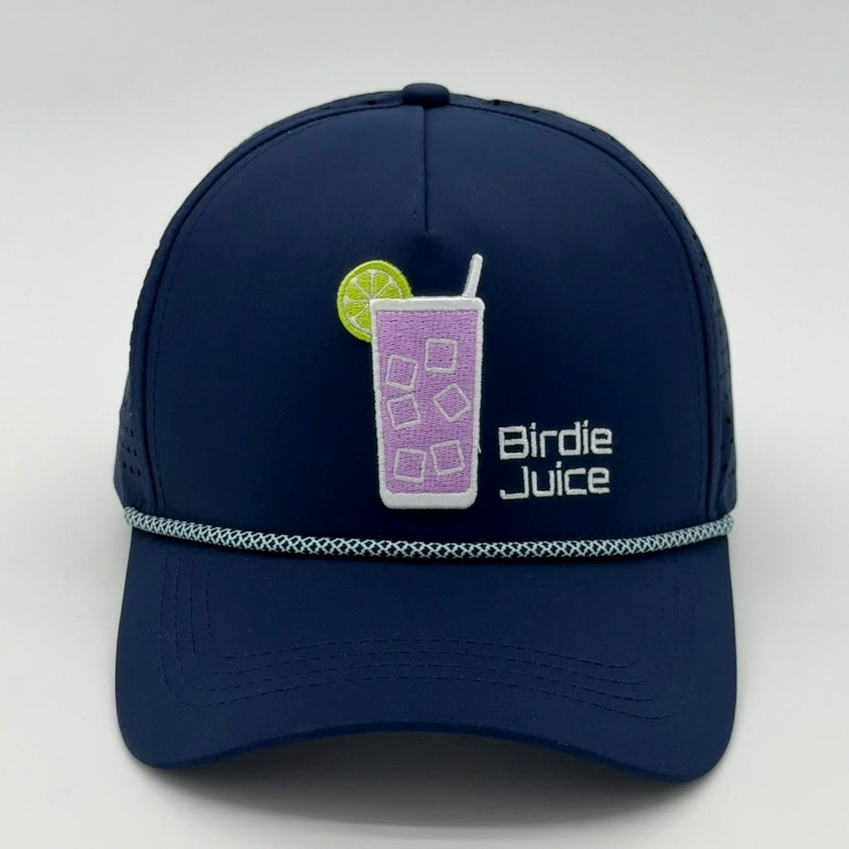 Birdie Juice Rope Hat front view on light gray background