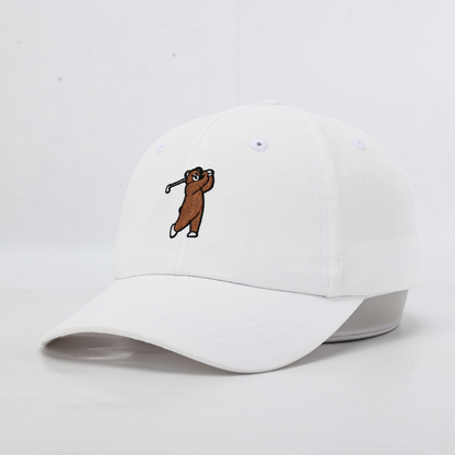 White performance hat with Brown Bear, Angled