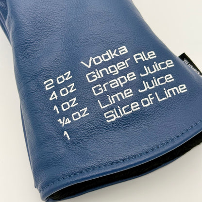 Birdie Juice Leather Driver Headcover back view showing Transfusion recipe embroidery