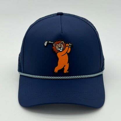 Navy blue Lion Rope Hat with lion golf embroidery on a light gray background