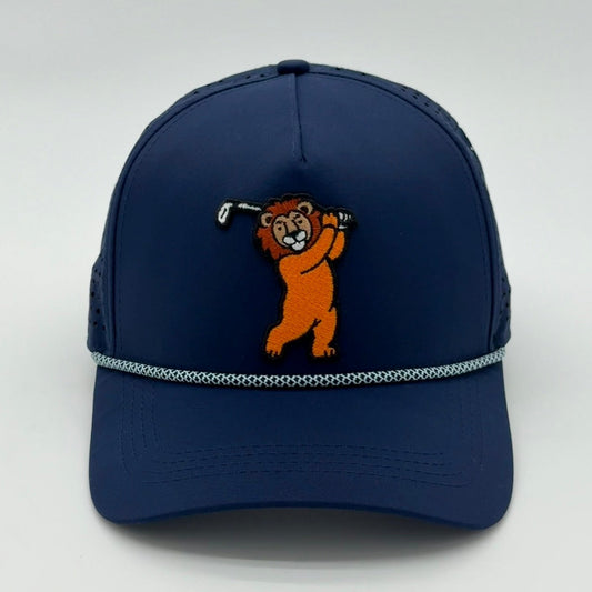 Navy blue Lion Rope Hat with lion golf embroidery on a light gray background