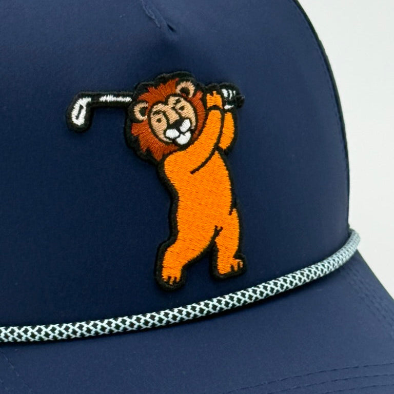 Navy blue Lion Rope Hat with lion holding a golf club on a white background