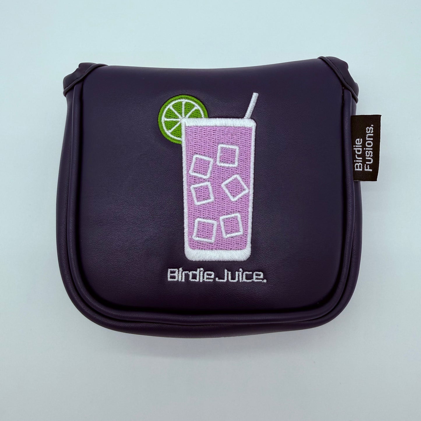 Birdie Juice Mallet Putter Headcover front view showing cocktail embroidery