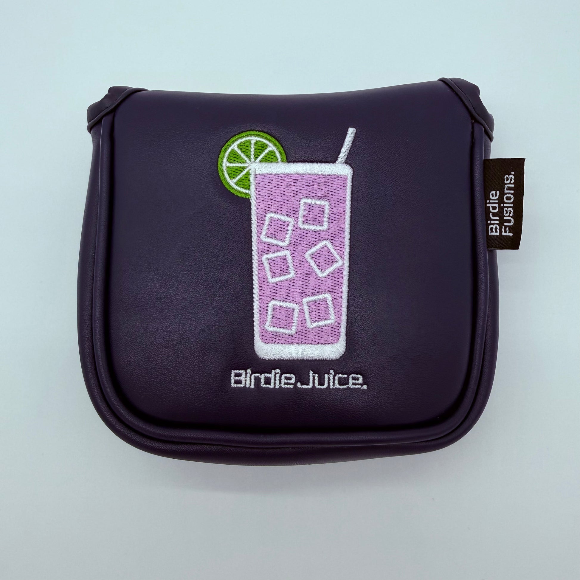 Birdie Juice Mallet Putter Headcover front view showing cocktail embroidery