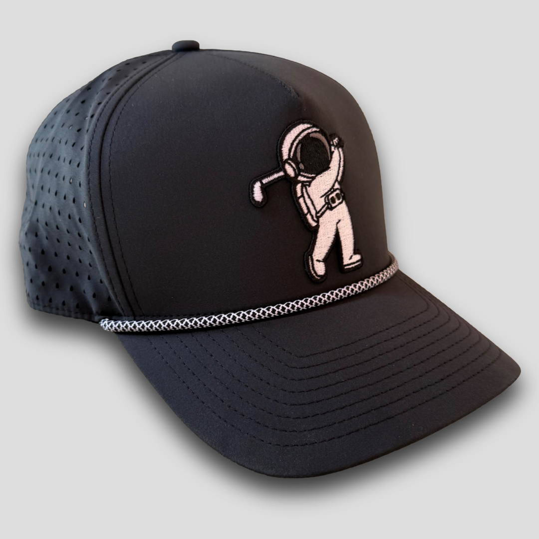 Black Astronaut Rope Hat with black and white rope trim, angled view