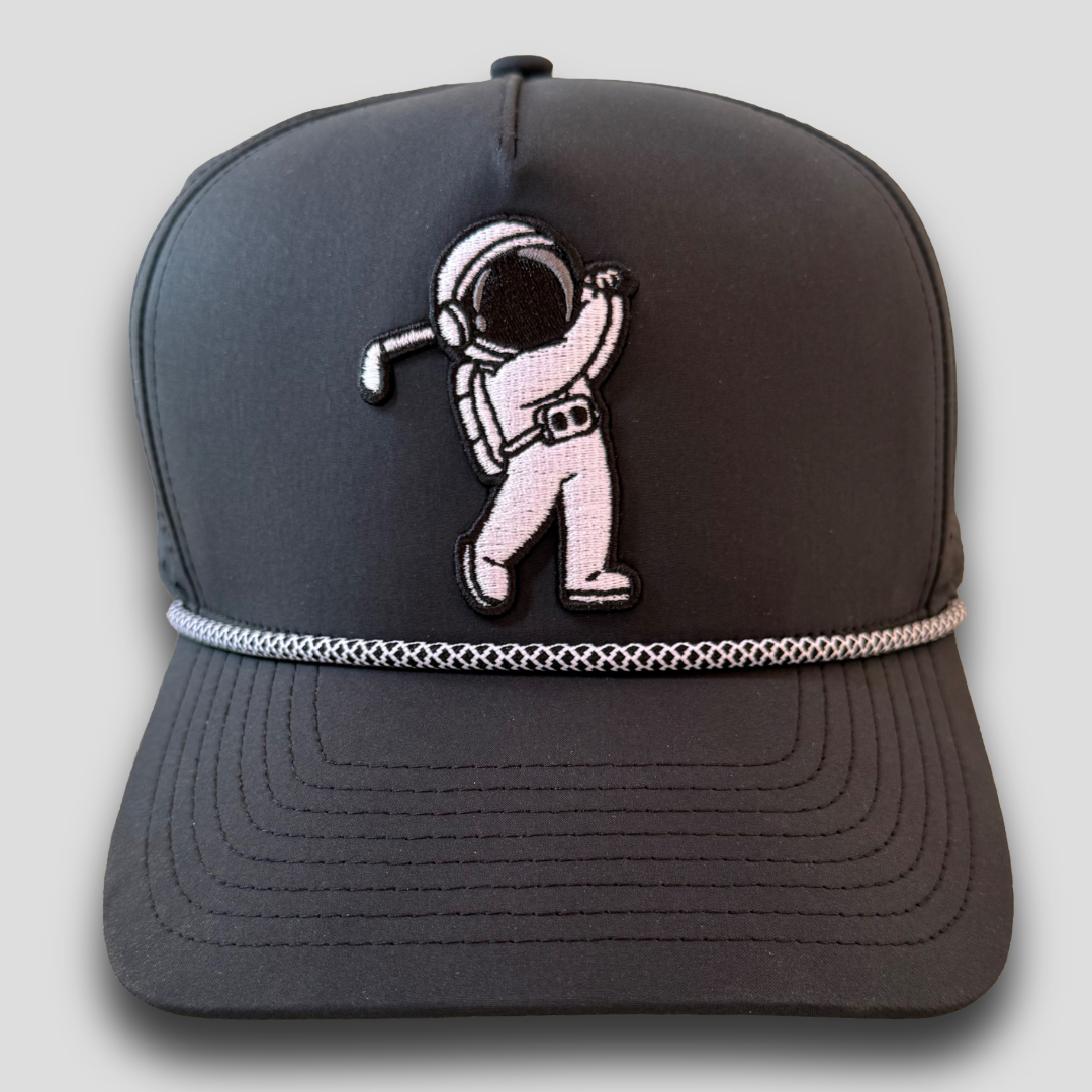 Black Rope Hat with astronaut golfer embroidered patch, front view