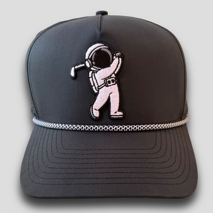 Black Rope Hat with astronaut golfer embroidered patch, front view