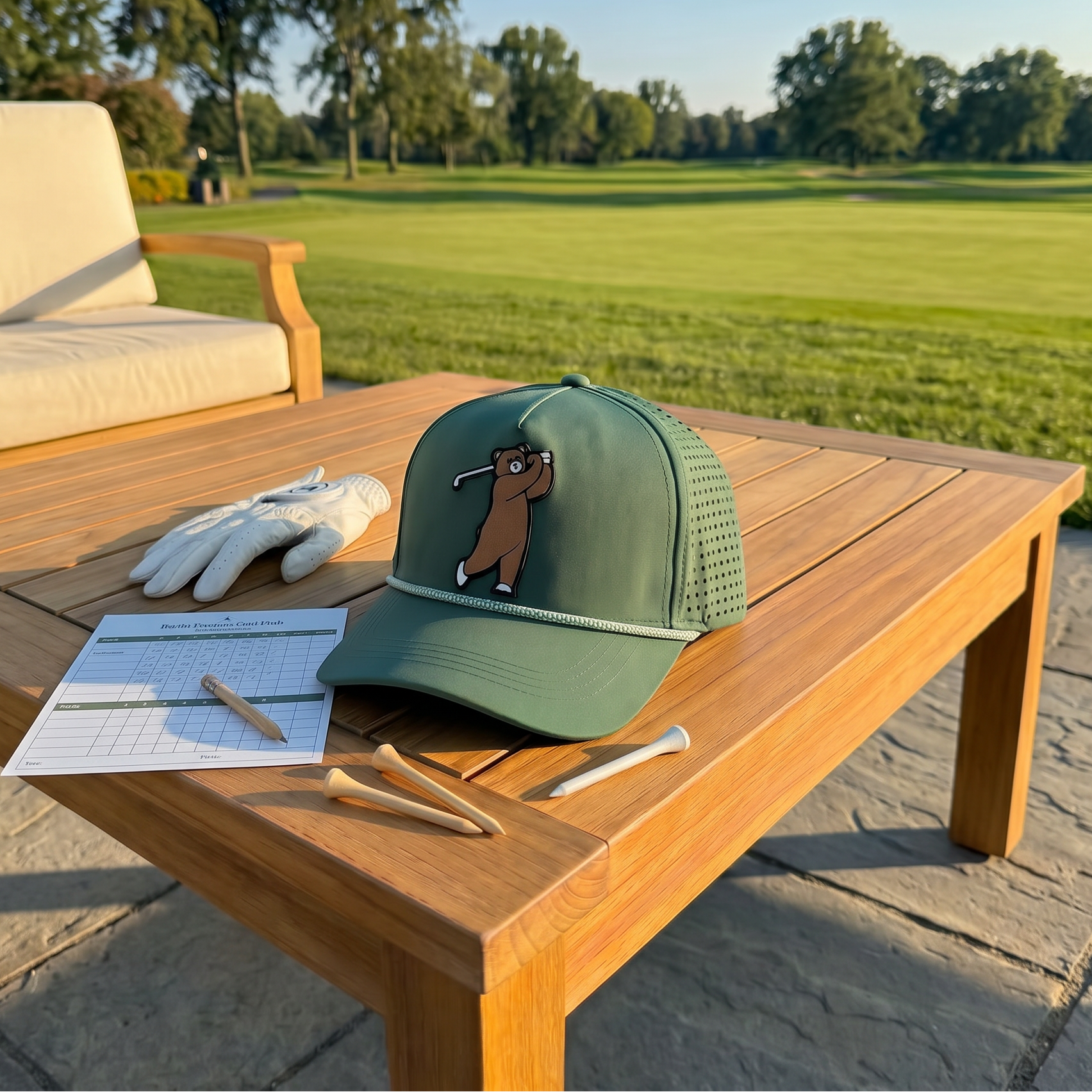 Green golf hat with Brown Bear