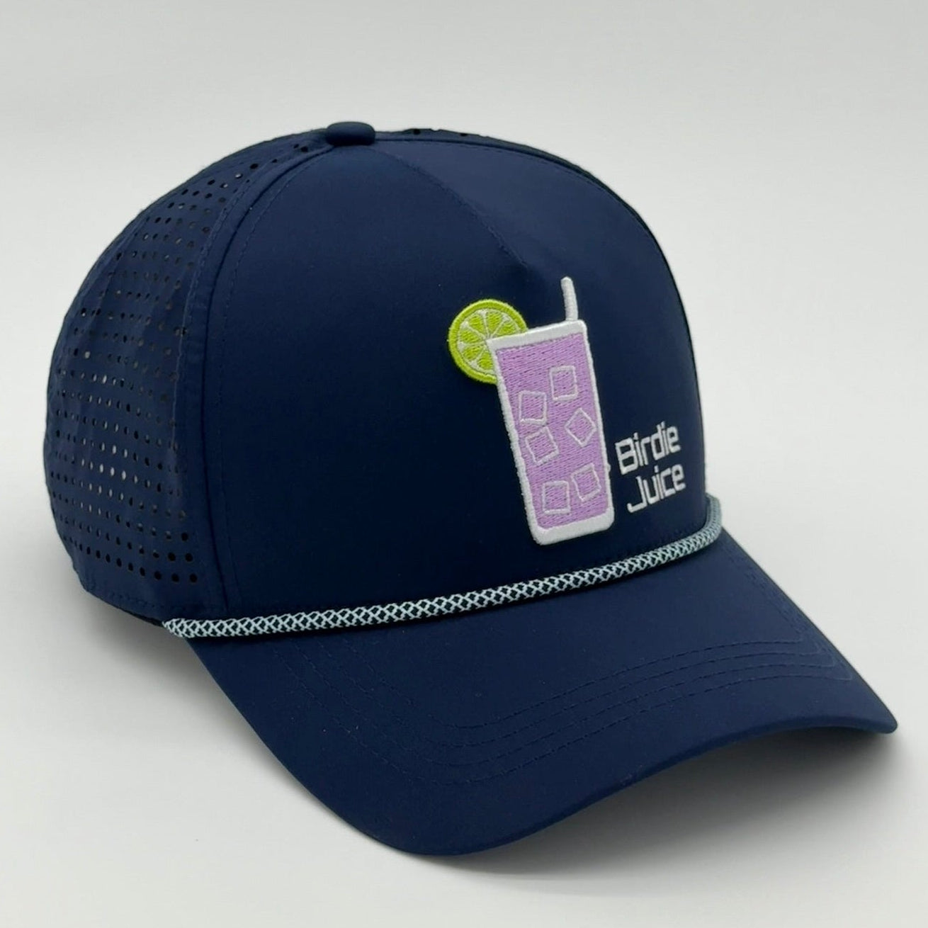 Birdie Juice Rope Hat side view on light gray background