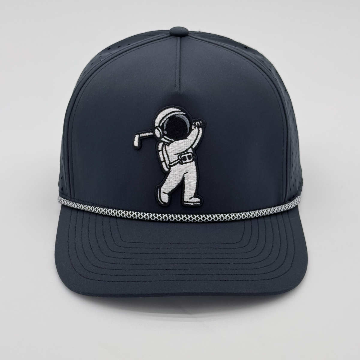 Black Rope Hat with astronaut golfer embroidered patch, front view studio