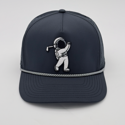 Black Rope Hat with astronaut golfer embroidered patch, front view studio