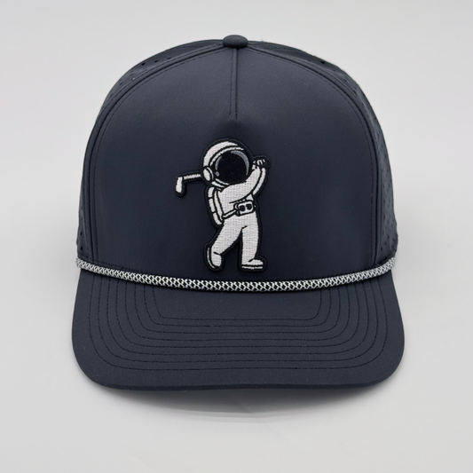 Black Rope Hat with astronaut golfer embroidered patch, front view studio
