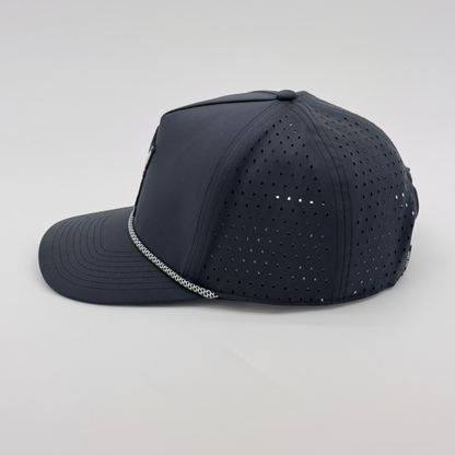 Black Rope Hat with astronaut golfer embroidered patch, side view