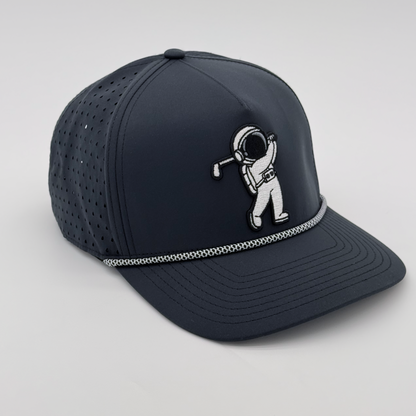Black Rope Hat with astronaut golfer embroidered patch, angled