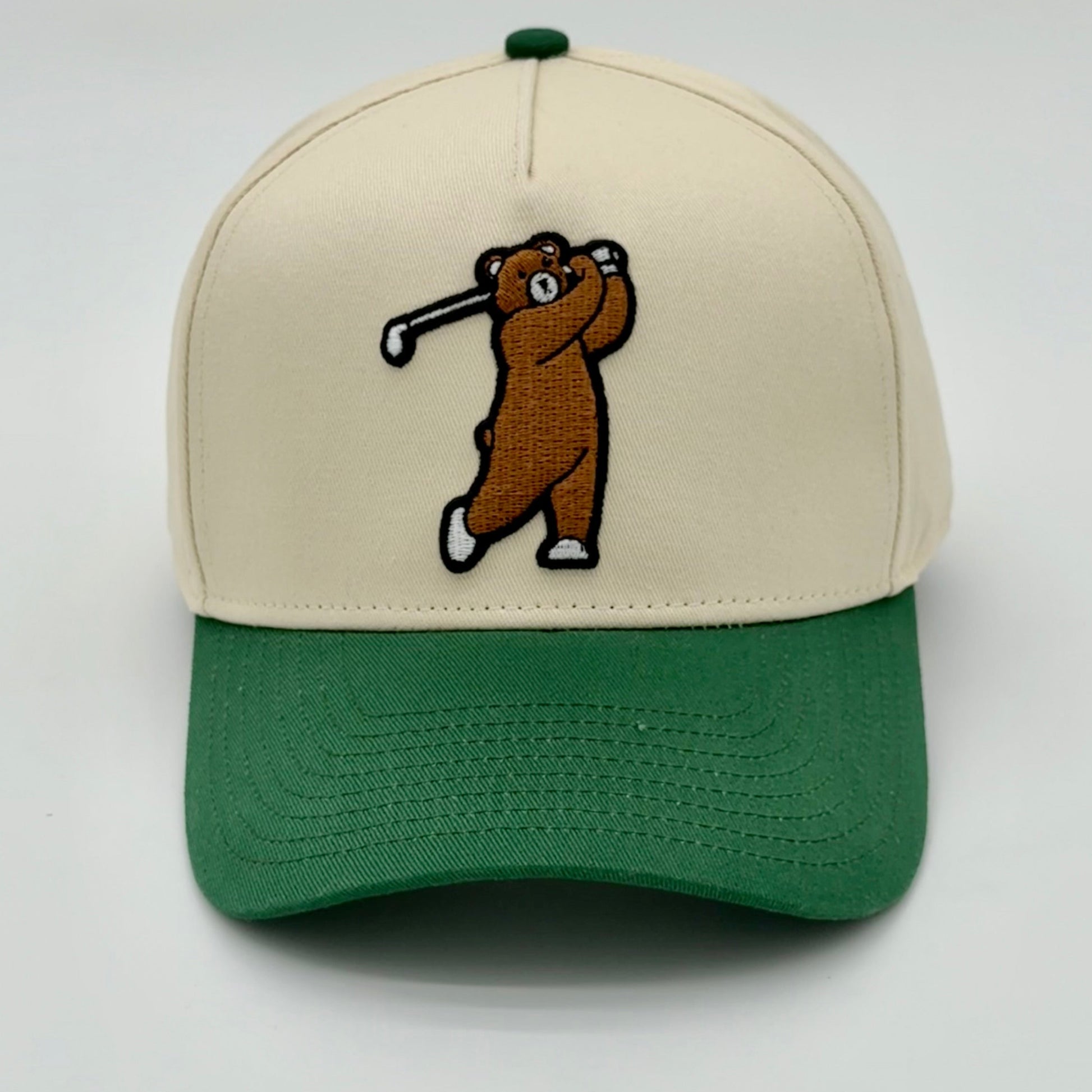 Lifestyle 3D Brown Bear Hat - front view, vintage natural and green tones