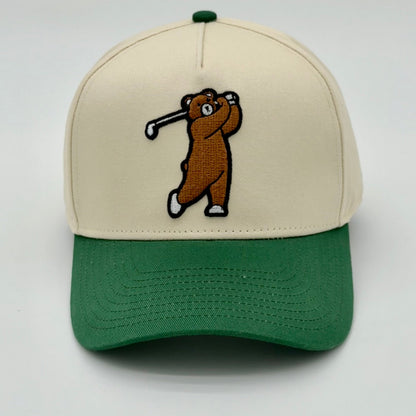 Lifestyle 3D Brown Bear Hat - front view, vintage natural and green tones