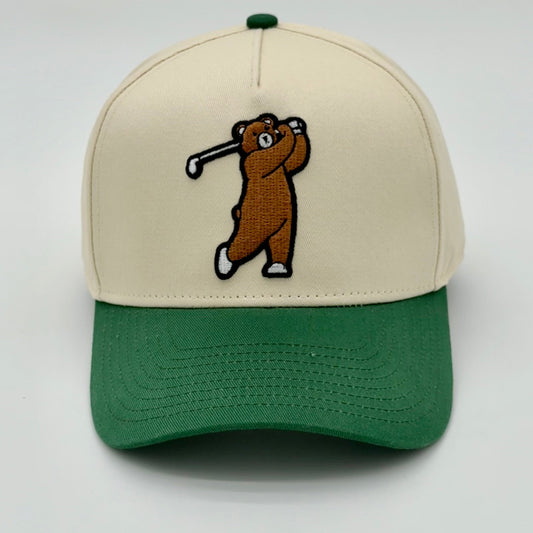 Lifestyle 3D Brown Bear Hat - front view, vintage natural and green tones