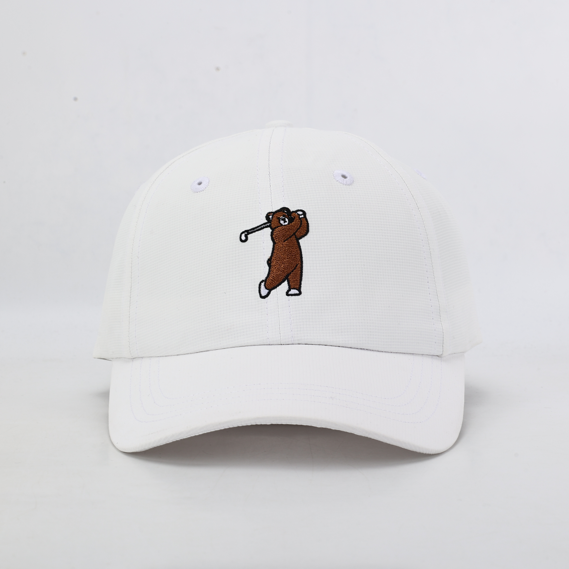 White performance hat with Brown Bear, Front