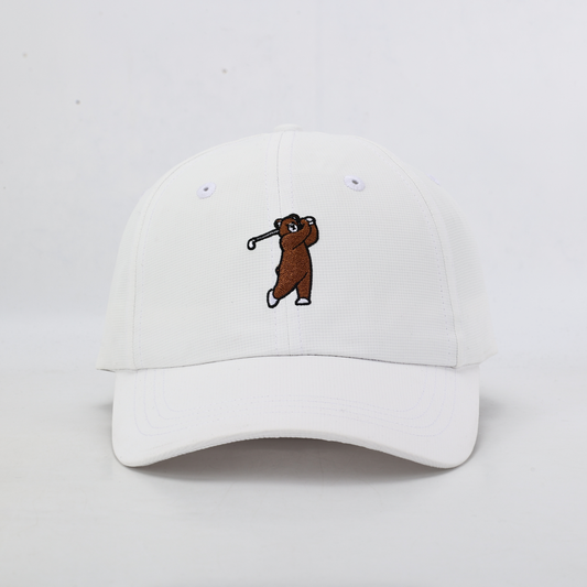 White performance hat with Brown Bear, Front